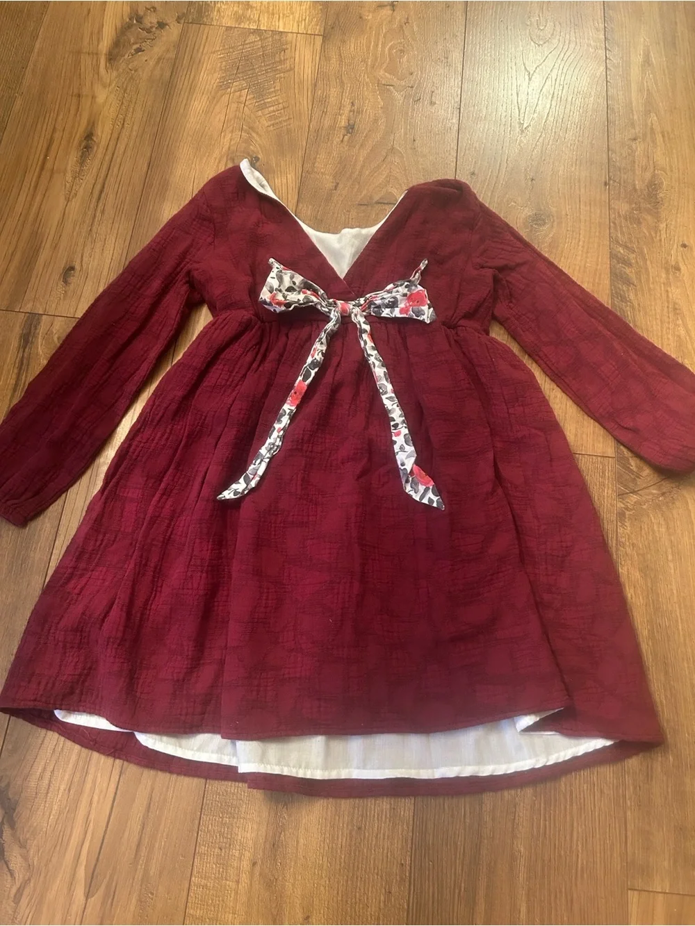 Girls' Long-Sleeve Wine Red Textured Casual Dress
